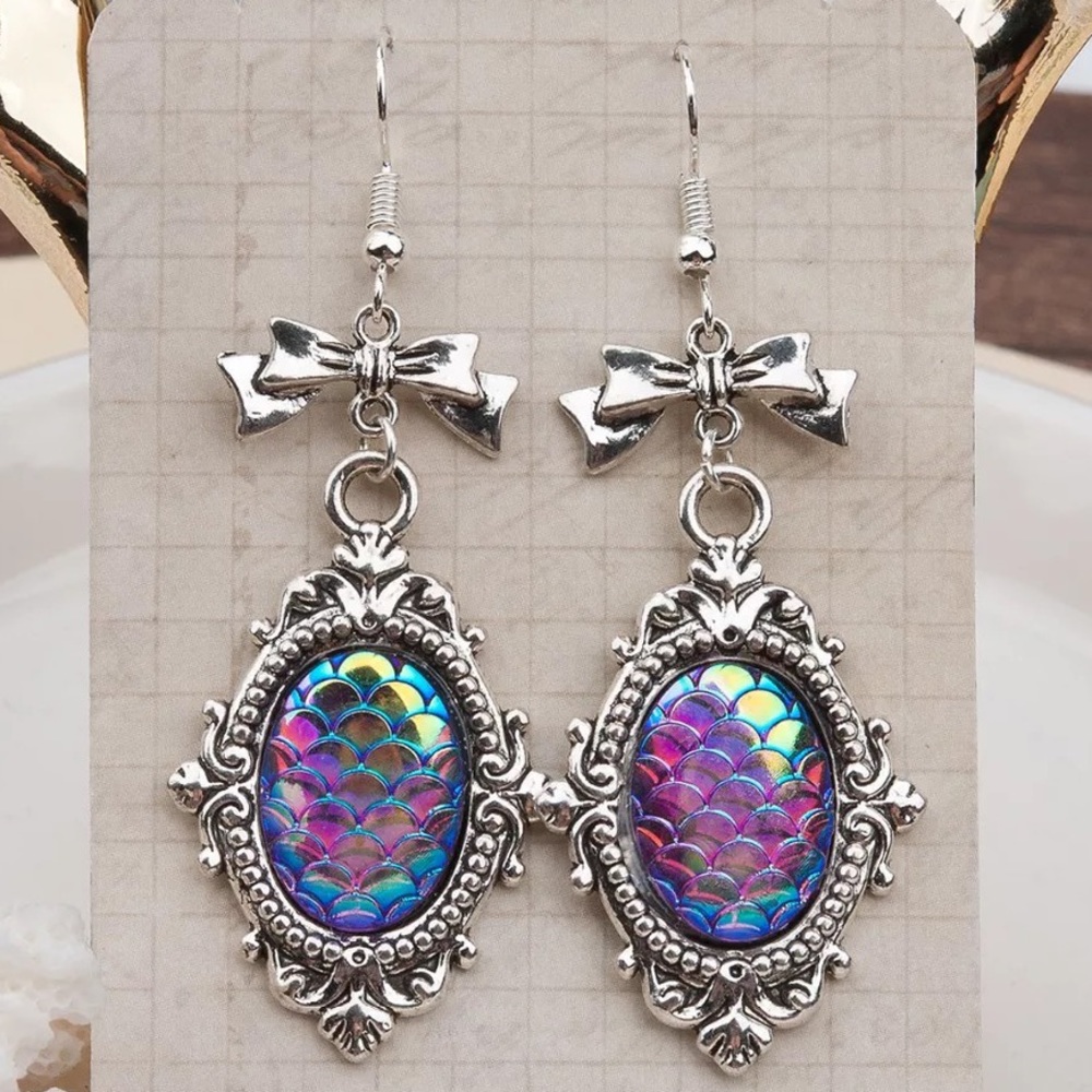 Mermaid Fish Scale Bowknot Dangle Earrings
